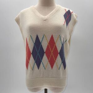 Vintage Inner Visions Cream/ Multicolored Argyle V-Neck Sweater Vest- M